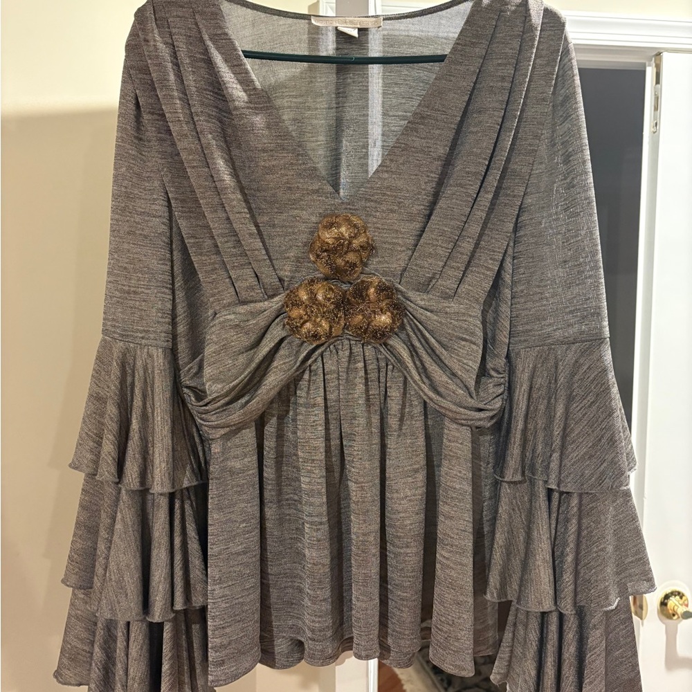 Boston Proper Gray Gold Bell Sleeve Blouse